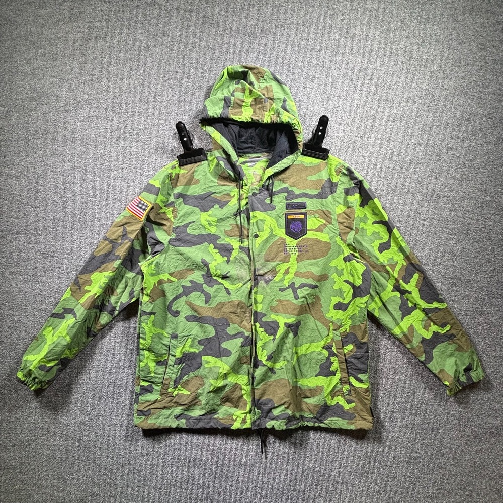 Nike LSU Tigers NCAA Windbreaker Jacket Mens 2XL Green Camo Snap Front Hooded